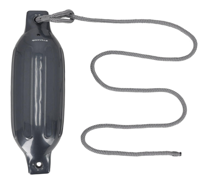 Rockville Boat Fender Package 4.5in x 16in Marine Bumpers with Dock Lines & Pump for Docking and Boat Protection Grey 2-Pack