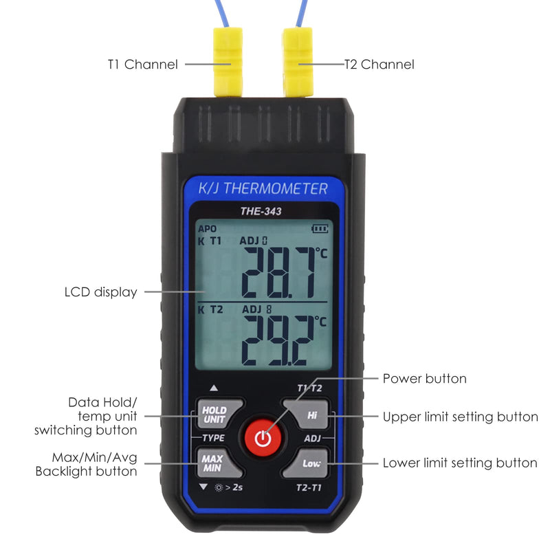 Thermocouple Thermometer Digital K Type Thermometer with 4 Thermocouples, -328~2500℉ Measuring Range HVAC Thermometer Dual Channels Temperature Meter Gauge with LED Backlight & ADJ Compensation 2 Channels Thermometer