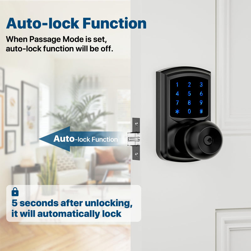 Hidalife Keyless Entry Door Lock with Code, Keypad Door Lock with Handle, Touchscreen Digital Lock with Keypad for Front Door, Auto-Lock, Matte Black
