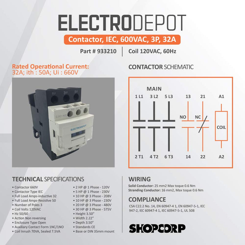 Electrodepot 30 Amp 3 Pole Contactor, 110-120V Coil, Motor Load 32A, Lighting 40A, 50A Bundle with Slotted Steel Zinc Plated DIN Rail, 35 Millimeters x 6 Inches – 1 Piece with 2 Number 10 Screws 3 Poles