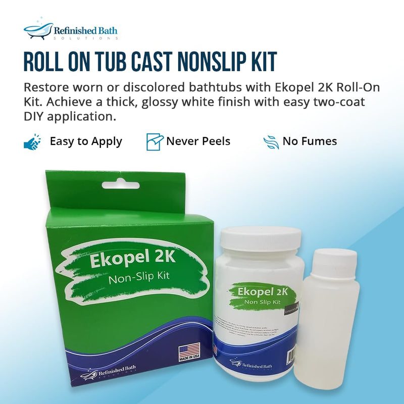 Ekopel Tub Cast Roll On Non Slip – Primer + Top Coat Included – DIY Tub & Tile Reglazing Kit – Bright White Gloss Finish – Longest Lasting PRO/DIY Reglazing Bathtub Paint - Odorless Low VOC Tub Paint Kit – Made in USA (Roll On Non Slip)