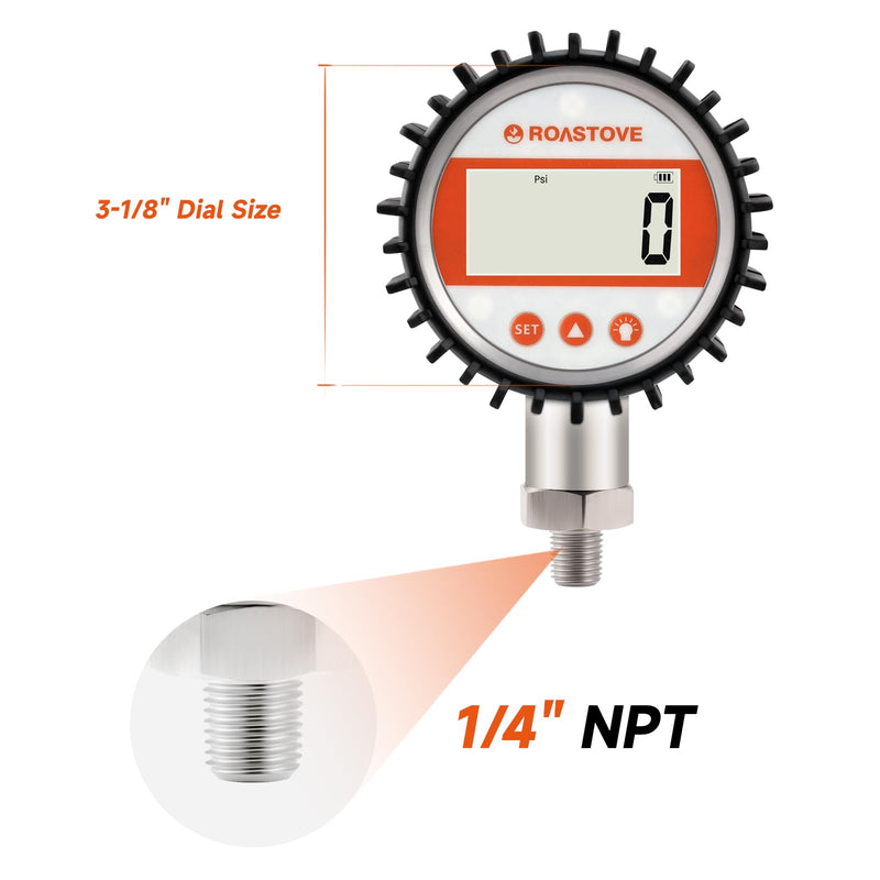3-1/8" Dial Size, Digital Pressure Gauge, 0-100psi/bar/Mpa/Kpa, 1/4" NPT Lower Mount, 0.25% Accuracy 3-1/8",0-100PSI