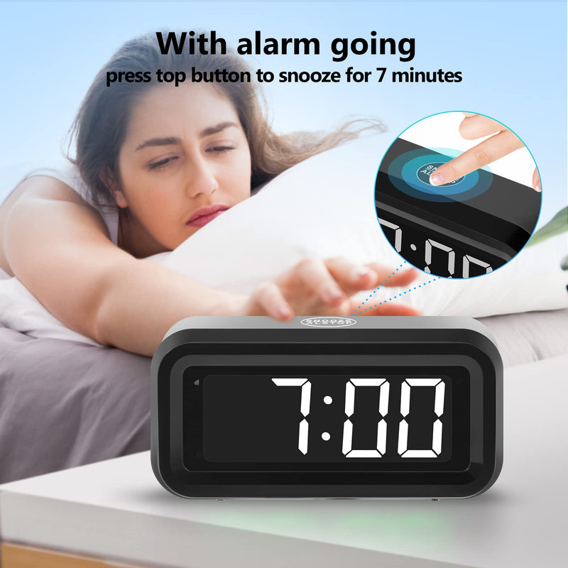 Digital Alarm Clock Battery Operated with LED Display for Bedrooms, Long Battery Life for 12 Months, 3 Brightness Adjustable, 12/24 Hour, Snooze, Black Case with White Digits Black-white