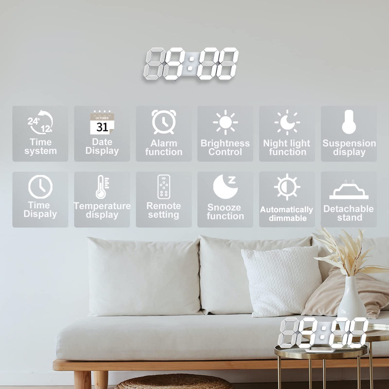 Deeyaple LED Clock, 3D Digital Wall & Desk Alarm Clock with Snooze, Dimmable Display, Time Memory, 12/24H Date & Temperature, Remote Control Night Light for Bedroom, Office, Kitchen, Home (White) White