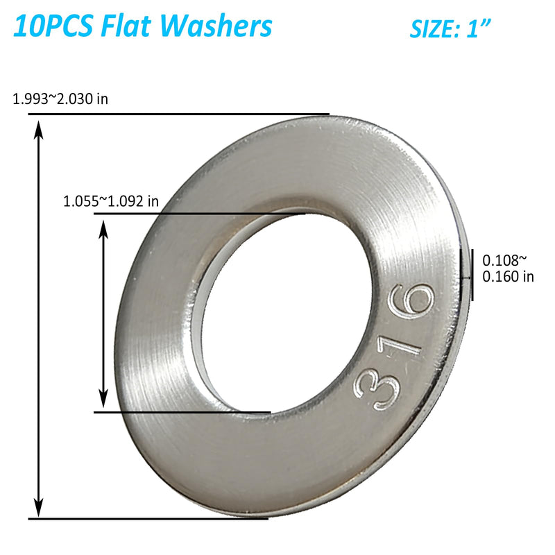 1" 316 Stainless Steel Flat Washers – Marine-Grade, High-Corrosion Resistance – for Heavy-Duty Outdoor, Marine & Industrial Screw BoltUse 10-Pack 1"