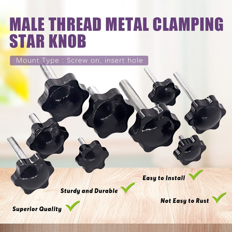 Swpeet 40Pcs M6 x 11/15/20/25/30/35/40/50mm 8 Sizes Hex Shaped Male Thread Metal Clamping Hand Hexagon Star Knobs Assortment Kit, Clamping Screw Plastic Screw-On Handle Knob Quick Removal
