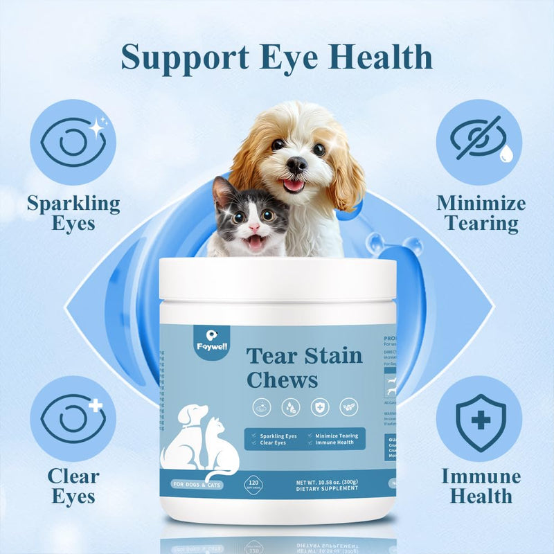 Tear Stain Chews Supplement for Dogs & Cats, Minimize Tearing, Lutein and Astaxanthin Support Eye Health, 120ct/300g