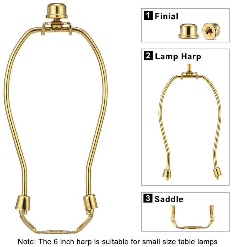 Lamp Harp 6 Inch, 2 Set Detachable Lamp Shade Harp for Table and Floor Lamps, Heavy Duty Lamp Brackets with 3/8 Standard Saddle and Lamp Finial (Polished Brass) Polished Brass