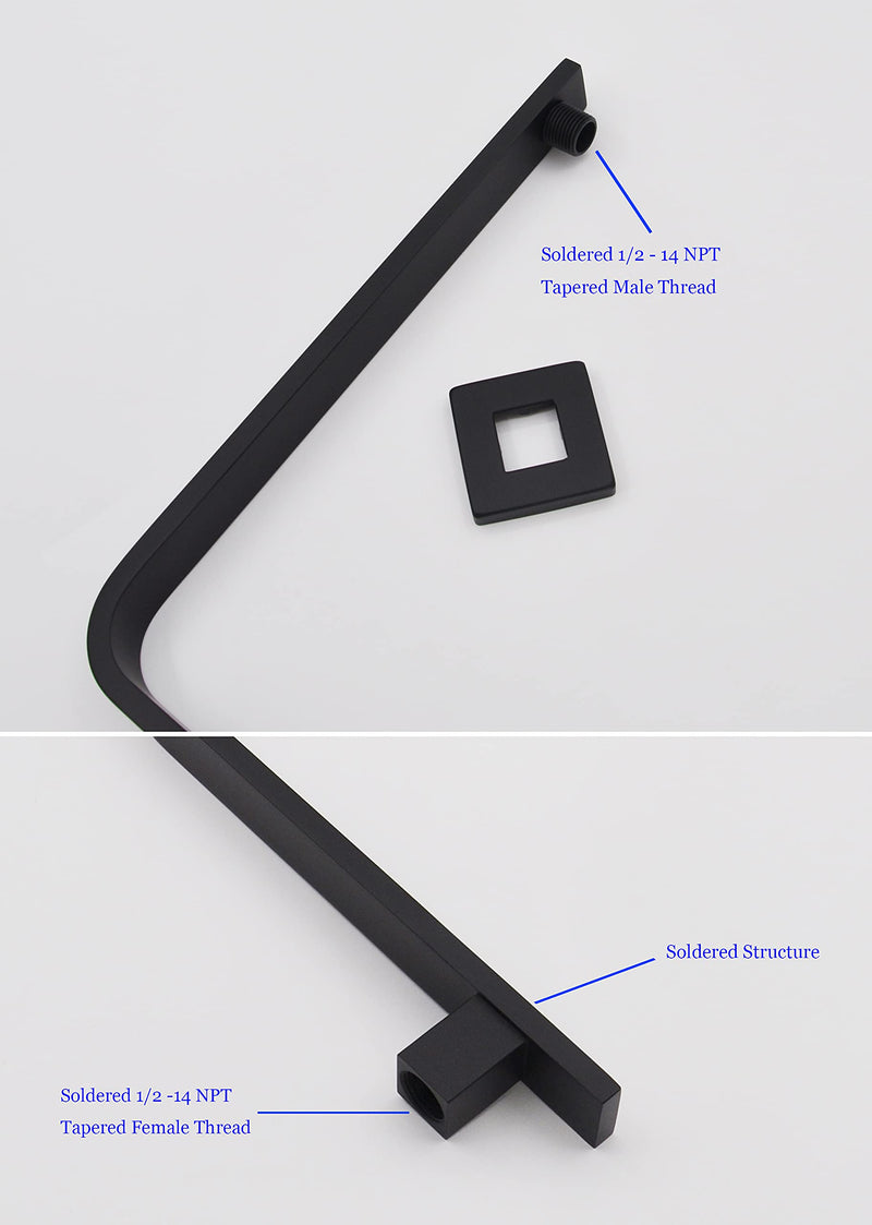 Solid Brass 10.5" Wall Mount Square High Rise Shower Arm and Flange Matte Black