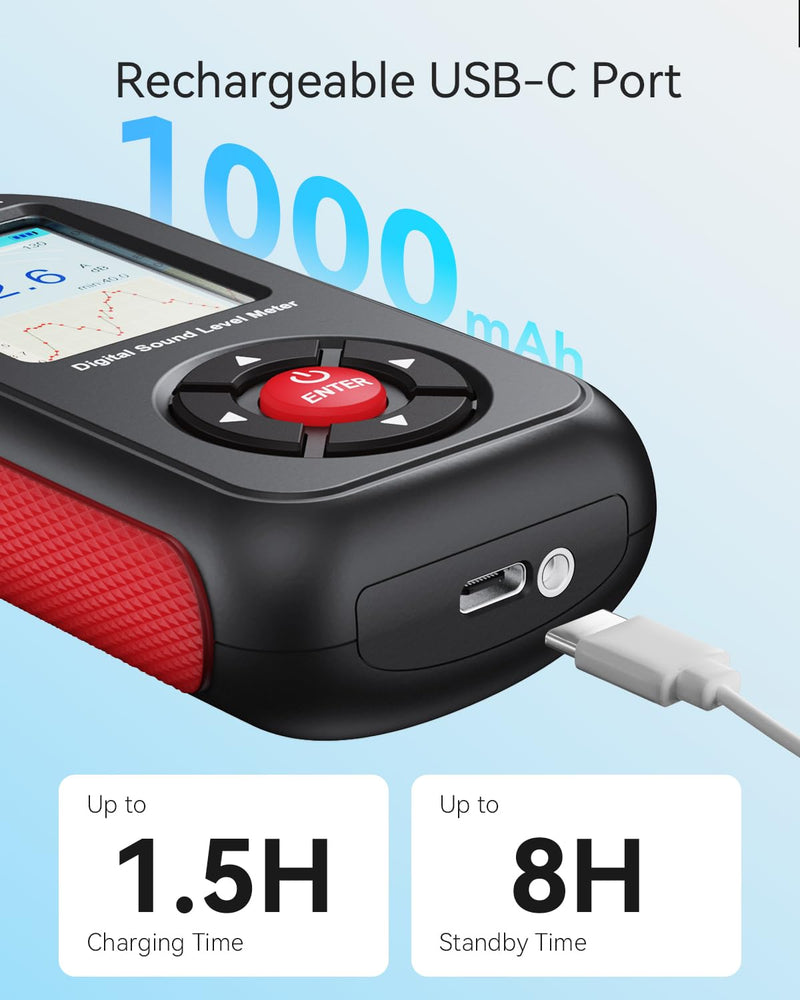 Decibel Meter, Sound & Noise Decibel Level Reader Monitor, SPL Meter 30dB to 130dB(A) with Record, Visual Alarm, A/C Weighted, Rechargeable for Home, Classroom GT1355B