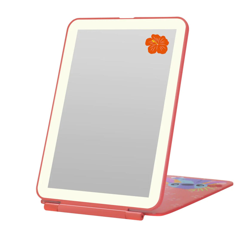 Impressions Vanity Disney Stitch TouchPad Mini LED Makeup Mirror for Purse, Ultra Slim Travel Mirror with Tri Tone Lights, Flip Cover, Adjustable Brightness, and Touch Screen Switch (Coral) Coral