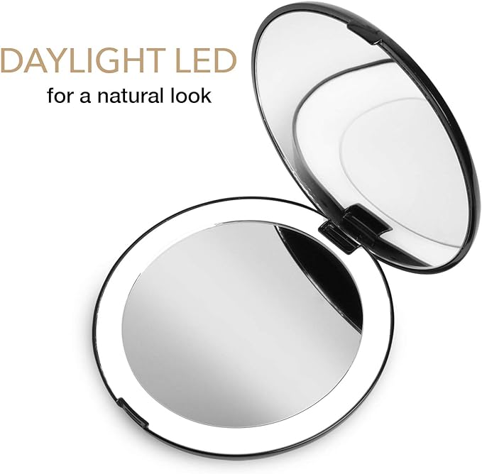 Fancii Compact Mirror, Vanity Mirror, 10x Magnifier, Double Sided Mirror with LED Light, Battery Natural Light, 5" Large Mirror, Makeup Mirror, Black (Lumi) - NewNest Australia