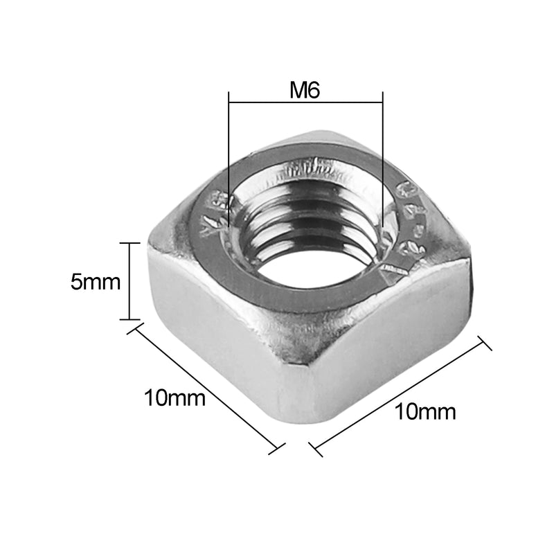 Pack of 100 M6 Square Nuts, 304 Stainless Steel Metric Coarse Thread Assortment Kit