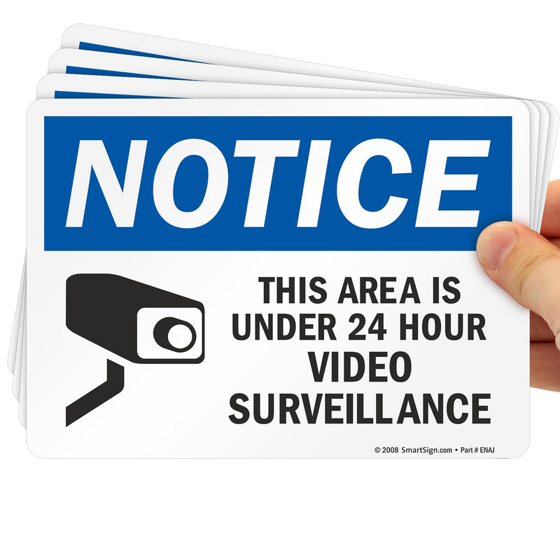 SmartSign (Pack of 4) 5 x7 inch “Notice - This Area Is Under 24 Hour Video Surveillance” Sticker Labels with Symbol, 5 mil Laminated Polyester with SuperStick Adhesive, Blue, Black and White, USA-Made 5" x 7" SuperStick Label (Pack of 4)