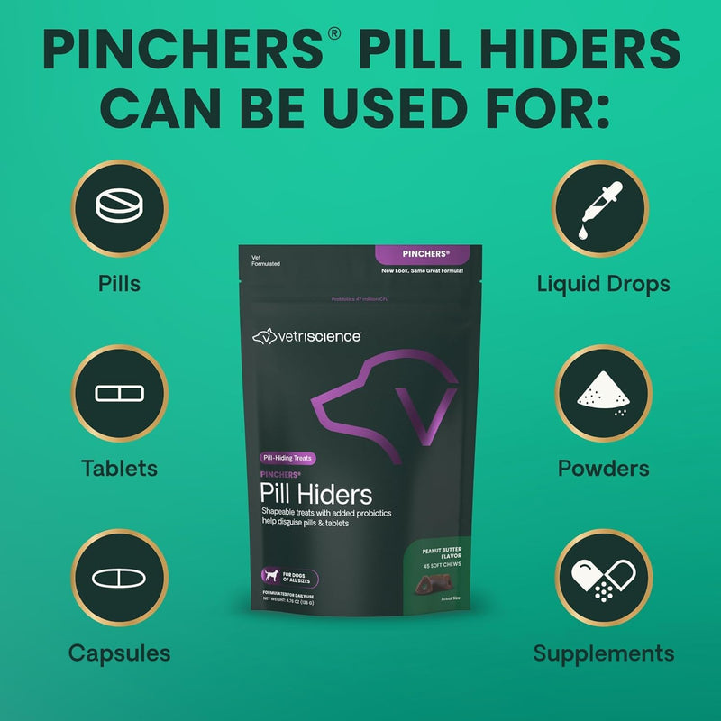 VetriScience Pinchers Pill Hiders Chews, Non-Greasy with Probiotics for Dogs, Disguise Small Capsules and Tablets, Soft and Chewy, Gut and Immune Support, Peanut Butter, 45 Count 45 Hiders