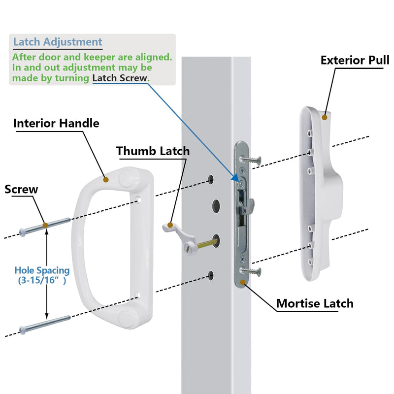 Sliding Glass Patio Door Handle Replacement Set with Mortise Lock 45° Keyway, Non-Keyed Pull Handles, Fits 3-15/16" Hole Spacing, 1-1/4" to 2" Thick Doors, Non-Handed, White Non-Keyed Handles + Mortise Lock
