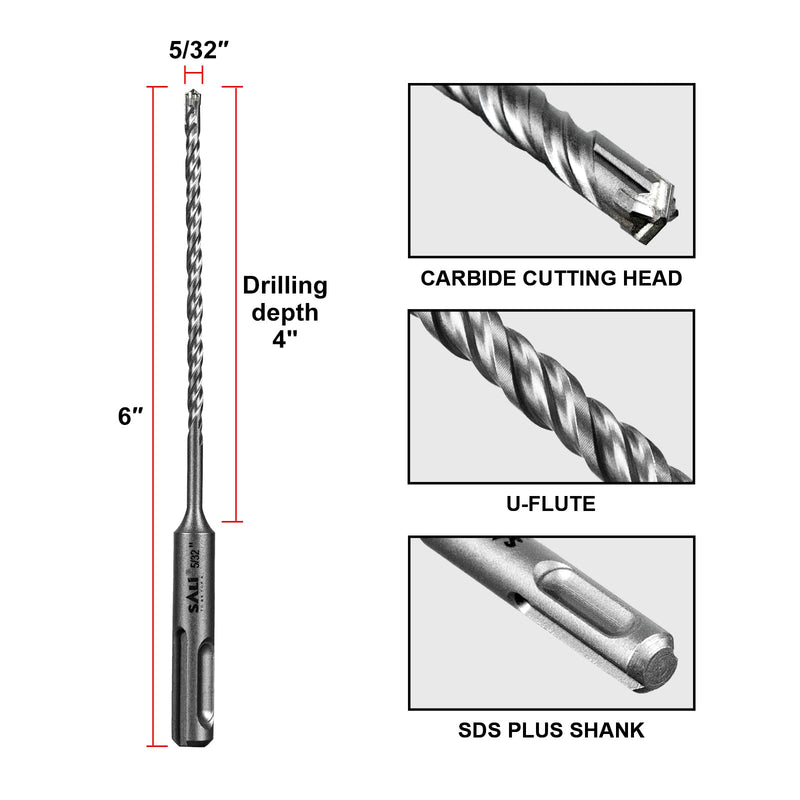 SALI 10 Pcs 5/32"*6" SDS Plus Rotary Hammer Drill Bit Concrete Drill Bit Kit Cross-Type Double Thread Carbide Material Suitable for Concrete, Brick, Cement Walls, Stone, Hammer Drill Bits for Concrete 5/32 in*6 in