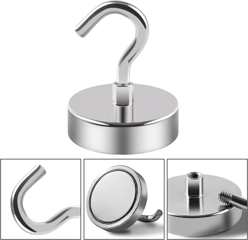DIYMAG 6 Packs Magnetic Hooks,150 lb Heavy Duty Neodymium Magnets with Hooks for Refrigerator, Strong Cruise Ship Essentials Hooks for Hanging, Magnetic Hanger for Grill 150lbs Silver-6P