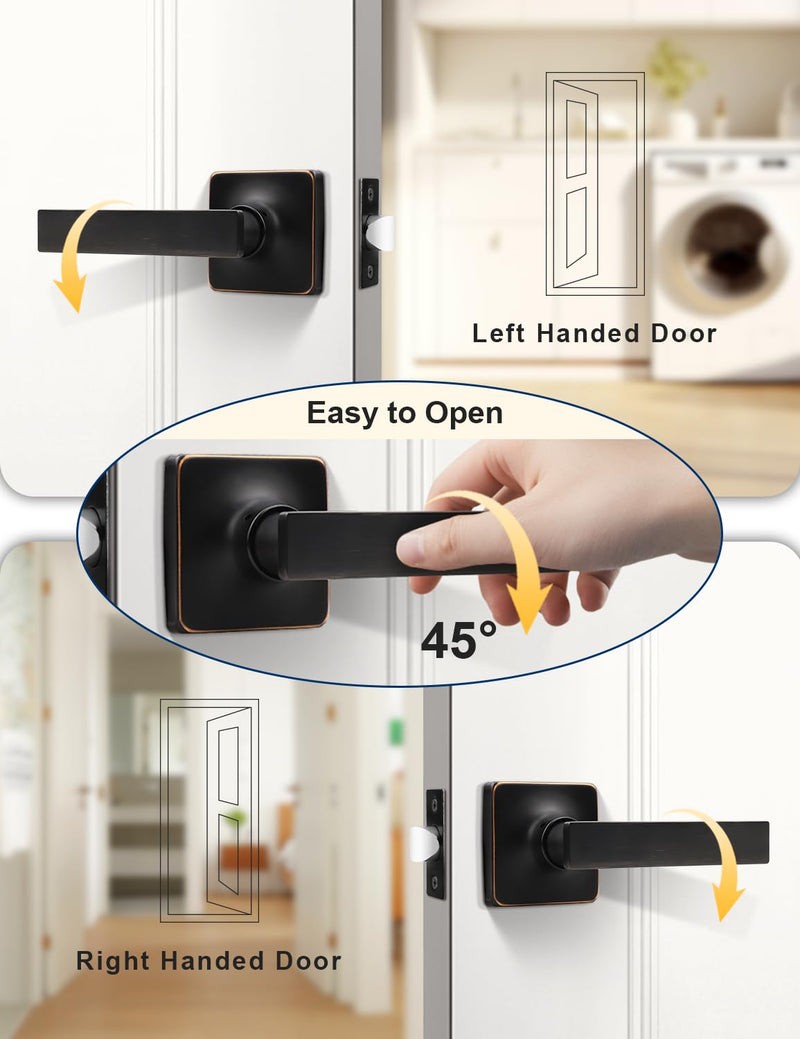 Mengico 2 Pack Passage Door Levers Oil Rubbed Bronze Finish, No-Locking Keyless Square Door Knob, Interior Door Handles for Closet and Hallway, Reversible for Left & Right Handed Passage Function - Keyless