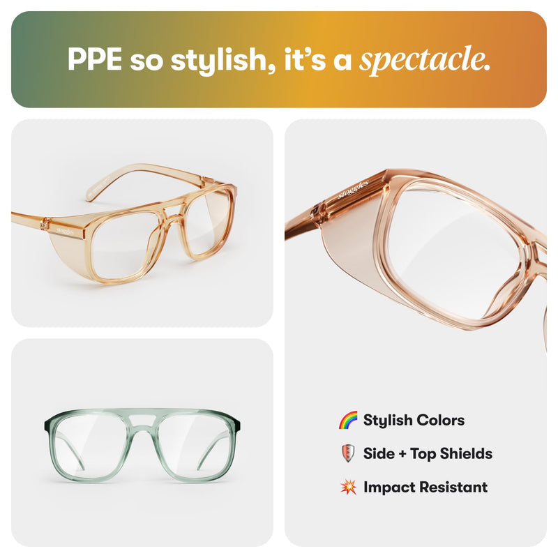 Stoggles Aviator Z87.1 Certified Safety Glasses, Blue-Light, UV Blocking Lens, Top & Side Shield, Anti-Fog, Stylish Eyewear Antique