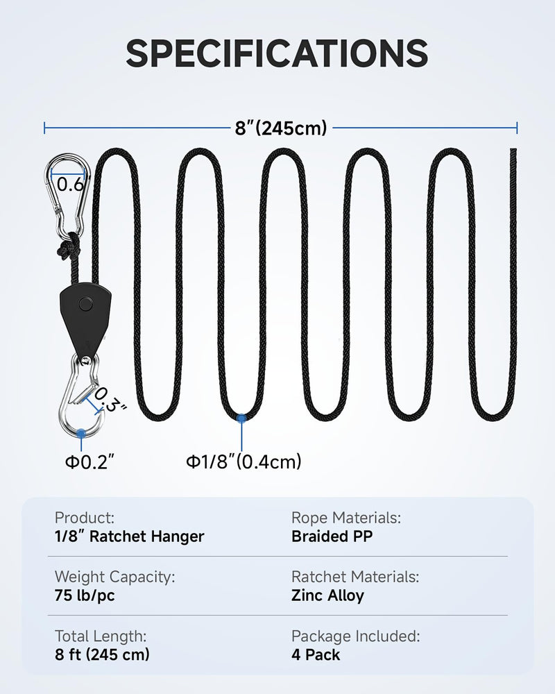 Fondwell 1/8" Rope Tie Downs Ratchet: Grow Light Hangers Adjustable - Mini Ratchet Straps for Various Hanging and Strapping 4-Pack