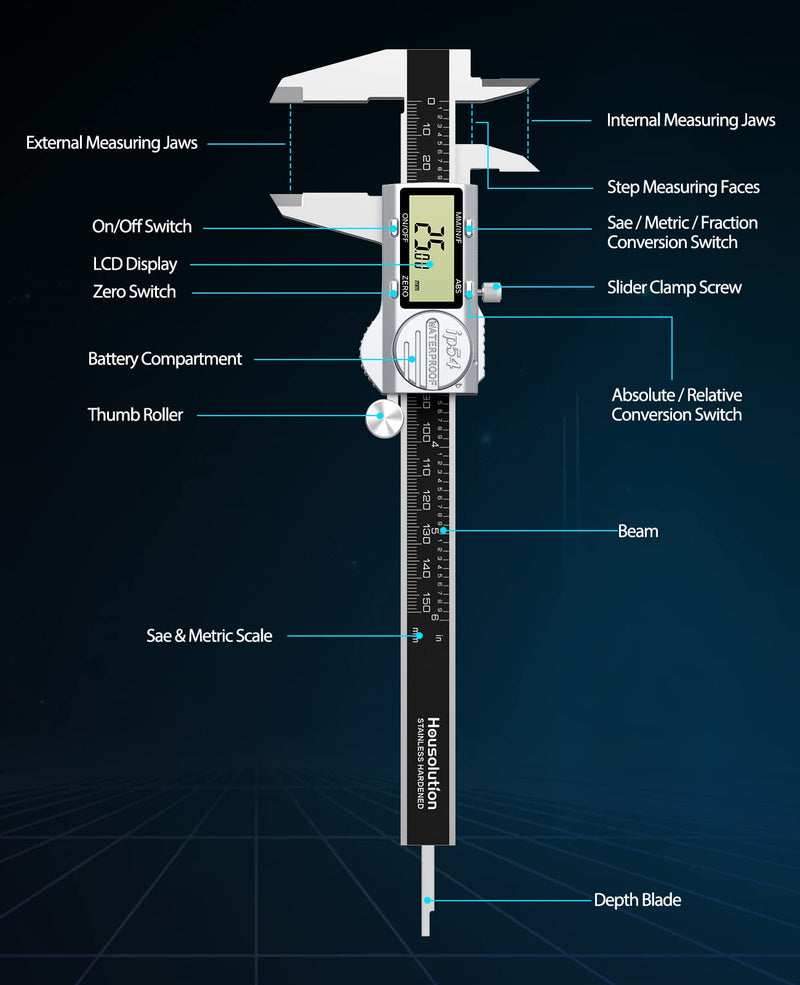 Digital Caliper 6 Inch, (ABS) Absolute Scale Caliper, IP54 Caliper Measuring Tool, Inch/MM/Fraction, Auto-Off LCD Stainless Steel Waterproof Micrometer Vernier Caliper, with Feeler Gauges ABS ABS-150mm