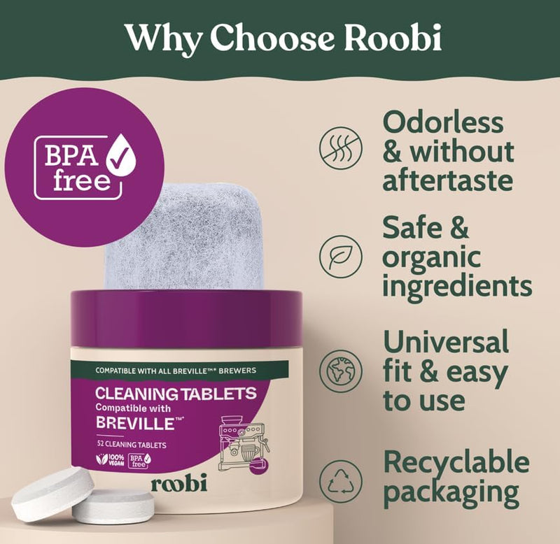 Roobi Breville Compatible Espresso Machine Cleaning & Maintenance Kit. Includes 52 Breville Cleaning Tablets and 6 Water Filters. Carbon Neutral. 1 Year Supply. Cleaning Kit