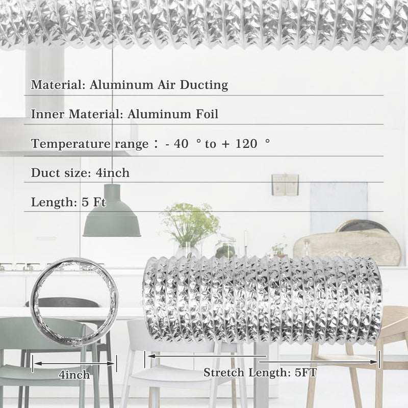 Omont Dryer Vent Hose 4 Inch 5FT Flexible Dryer Ducting Tube Air Duct Aluminum Insulated Flex Hose Kit Indoor Outdoor 4IN 5FT