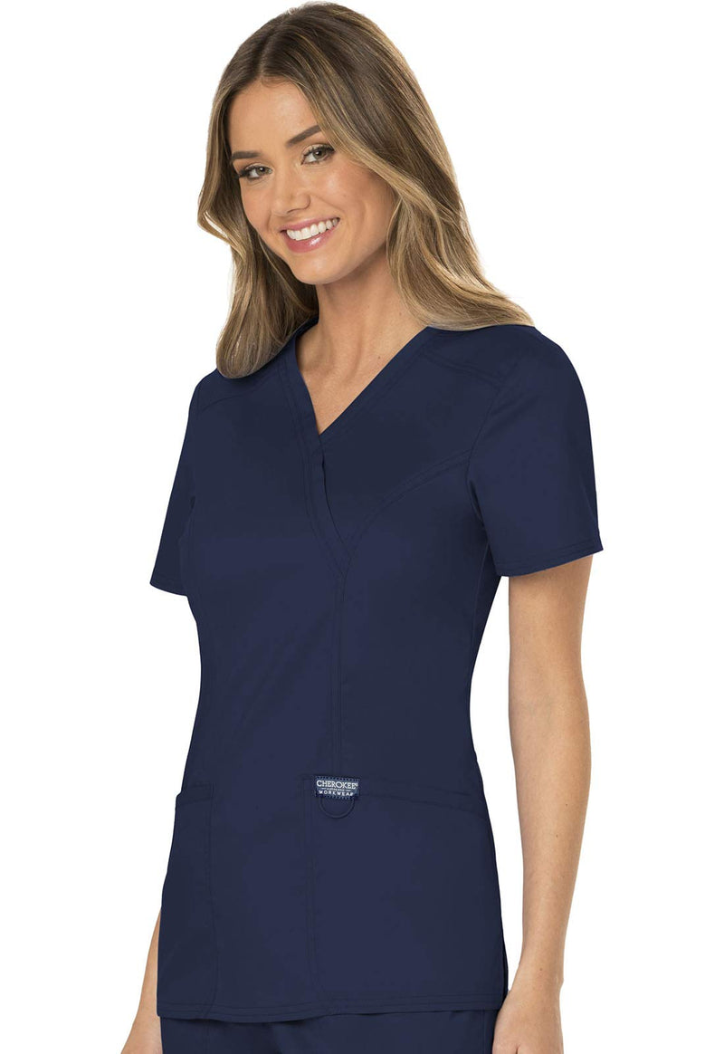 Cherokee Scrubs for Women Mock Wrap Top with 3 Pocket, Back Princess Seams WW610 Medium Navy