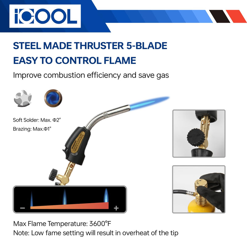 ICOOL Propane Torch with Hose, Mapp Gas Torch with Valve, Trigger Start Maximum Temperature 3600℉, CGA600 Cylinder Connection, Welding Torch for Soldering, Plumbing, HVAC (Includes Cylinder Clip) Quick ignition with Valve
