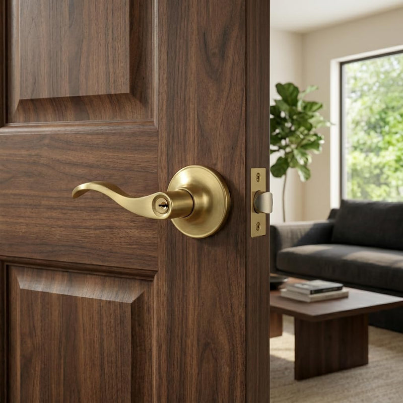 2 Pack of HENYIN Wave Lever Keyed Entry Door Lock/Door Knob Hardware Handle and Closet Lockset, Gold Color, with Key,Left Hand(805-G-L-2) 2 Pack ET(Left Hand)