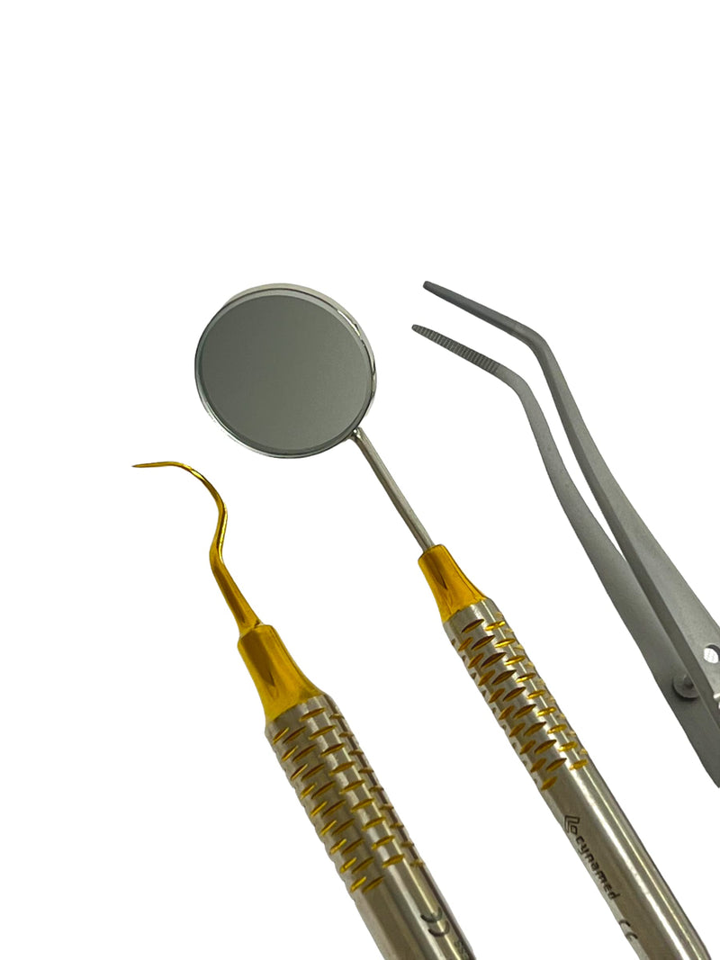 ArTLaB-Premium German 3 Instruments Basic Dental Set- Mirror Explorer College Cotton Plier Hollow Handle -Dental Instruments set of 3 (Gold Titanium Set of 3) Gold Titanium Set of 3