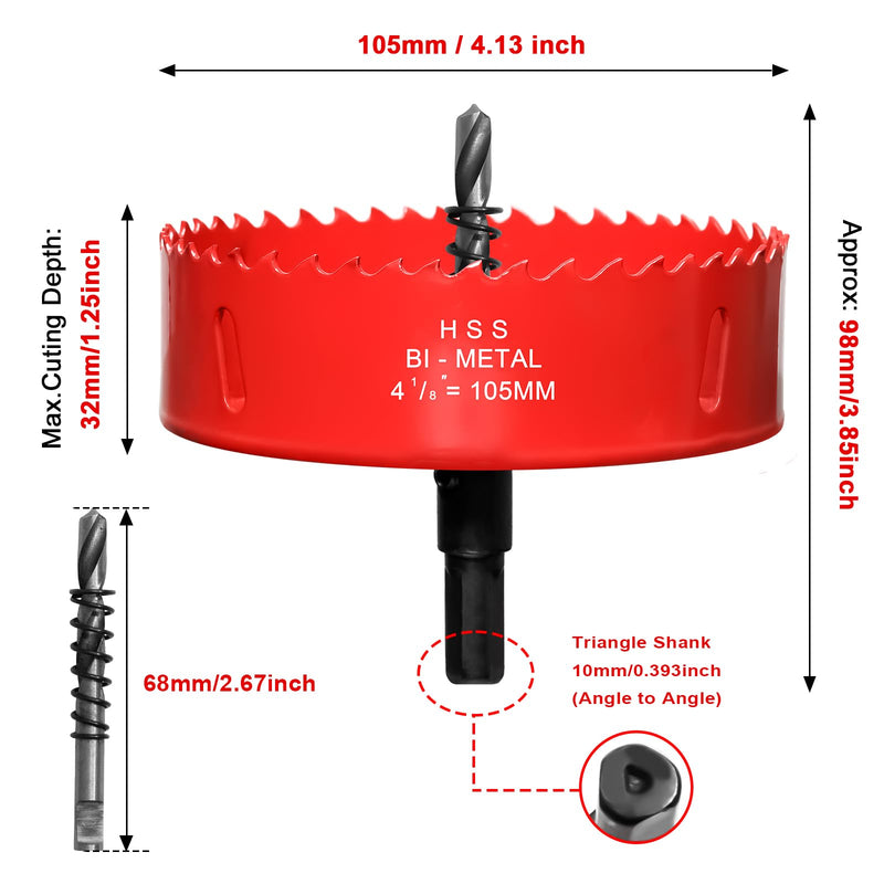 Hole Saw 4 1/8” (105mm) for Wood and Plastic, HSS Bi-Metal Hole Cutter Core Drill Bit for Drywall, PVC Boards, Fiberglass and Vent Pipes Red 4-1/8"(105mm)