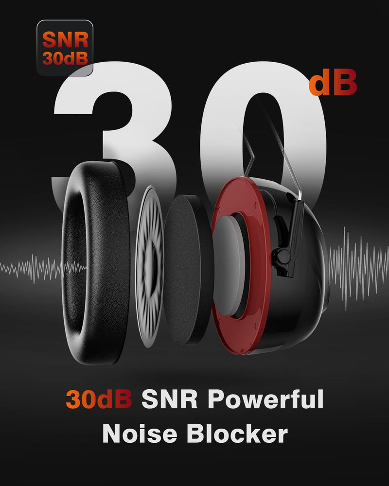 Bluetooth 6.0 Hearing Protection Headphones with 120H Working Time, 30dB SNR, Superior Stereo Sound Quality, Larger Buttons for Easy Operation, Safety Ear Muffs for Lawn Mowing, Workshops Black Polyvinyl Chloride