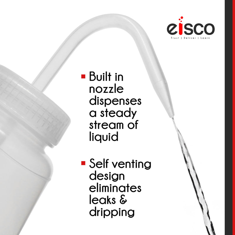 EISCO 6PK Wash Bottle for Distilled Water, 500ml - Labeled with Color Coded Chemical & Safety Information (2 Color) - Wide Mouth, Self Venting, Low Density Polyethylene Labs 6