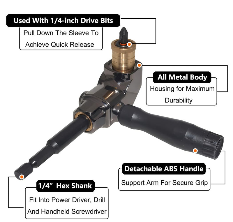Right Angle Drill Attachment, All Metal Body 90 Degree Drill Adapter with Detachable ABS Handle, Drill Bit Corner Adapter, for Impact Driver, Work in Tight Spaces