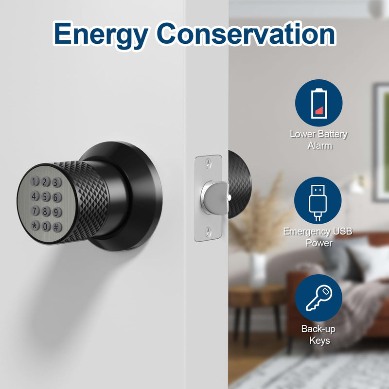 FITNATE Door Knob with Keypad,Digital Door Lock for Keyless Entry,Electronic Door Lock with Spare Keys,Auto Lock, Anti-Slip Handle, Easy to Install for Bedroom,Home and Office Black