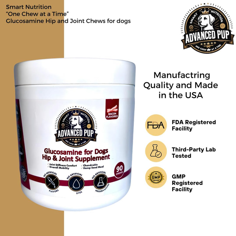 AdvancedPUP Dog Hip and Joint Supplement - Glucosamine for Dogs - Dog Hip & Joint Care with Chondroitin, MSM, & Turmeric for Dog Joint Relief - Regain Dog Mobility with Natural Tasty Bacon - 90 CT - PawsPlanet Australia