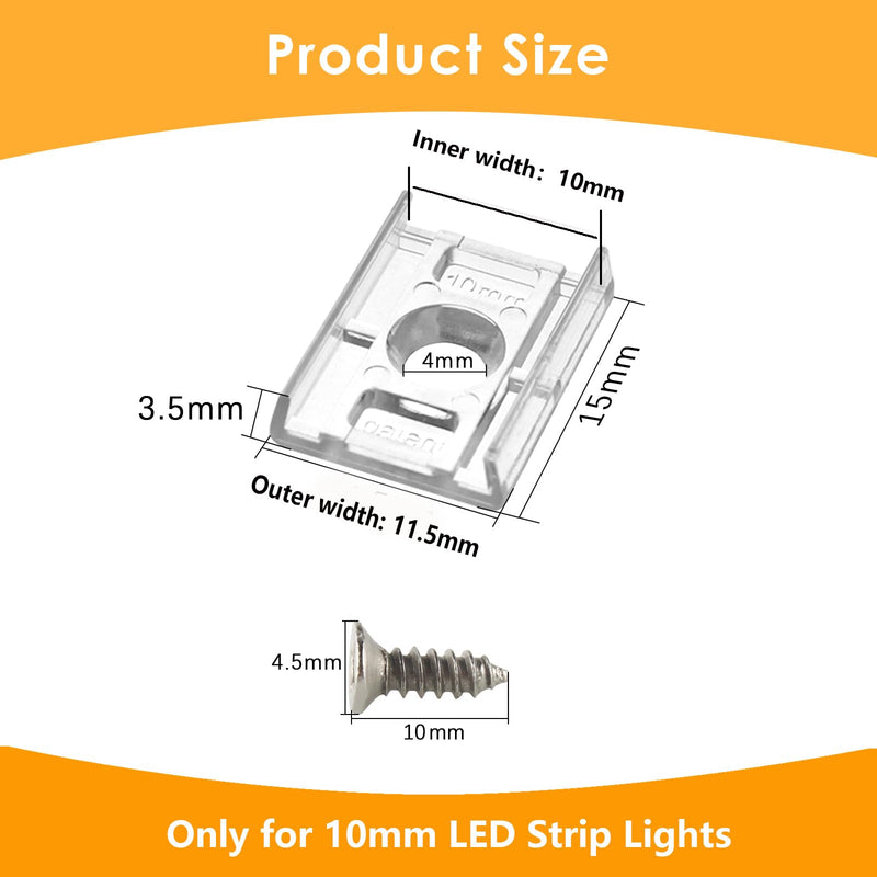 VIPMOON 100pcs Clear LED Strip Light Mounting Clips 10mm Width Holders and 100pcs Compatible Stainless Steel Phillips Screws Mounting Brackets for Waterproof or Non-Waterproof 3528 5050 5630