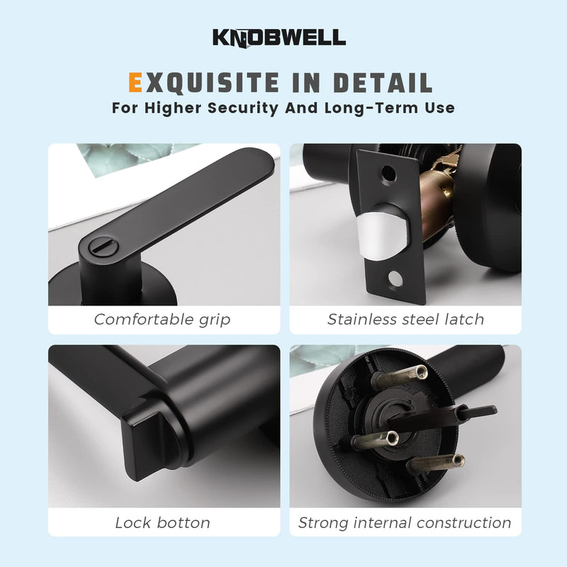 KNOBWELL 2 Pack Black Door Handles Interior for Bedroom/Bathroom, Privacy Door Knob with Lock Heavy Duty Left/Right Handing 2.07 lb One Lever