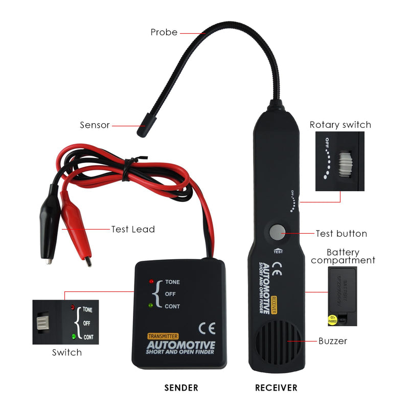 Automotive Electrical Open&Short Finder Circuit Tester Circuit Finder Detector Tone Generator Cable Wire Breaker Tracker Circuit Fault Finder DC 6-42V Car Diagnostic Tool