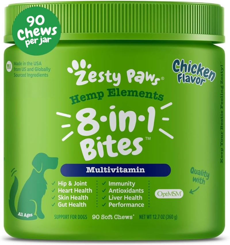 Zesty Paws 8-in-1 Bites for Dogs + Hemp Seed, 90 Count (Packaging May Vary) Chicken - Hemp 90 Count (Pack of 1)