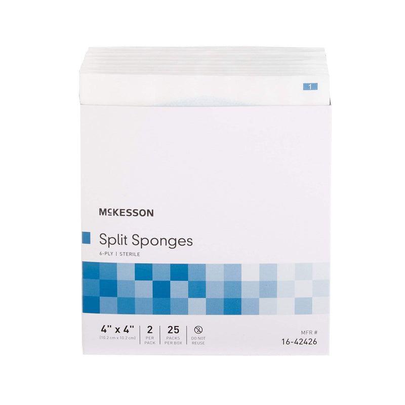 McKesson Split Sponges, 6-Ply Sterile, I.V. and Tracheostomy Dressings, Polyester/Rayon Blend, 4 in x 4 in, 2 Boxes, 25 Packs per Box, 2 per Pack, 100 Total
