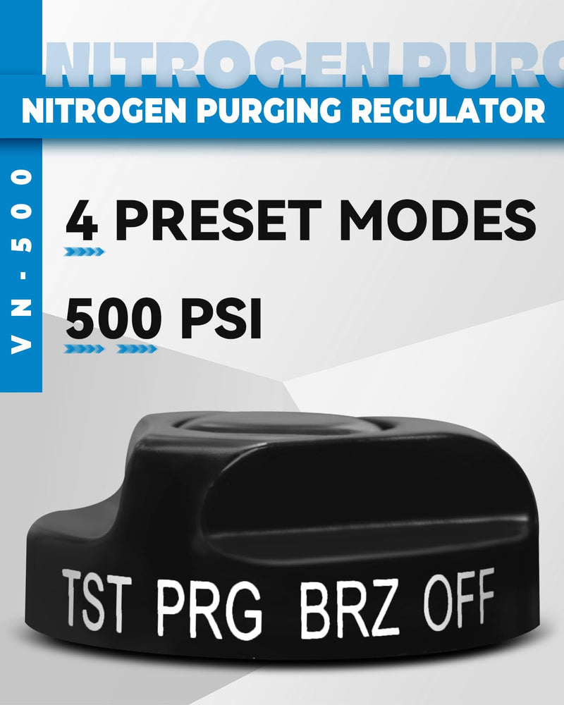 VN-500 Nitrogen Purge Control Valve Regulator w/500 PSI Flow Meter 4-Position Flow Control (TST/PRG/BRZ/OFF) Heavy-Duty Brass Body Hybrid Design Nitrogen Purging Regulator for Leak Testing