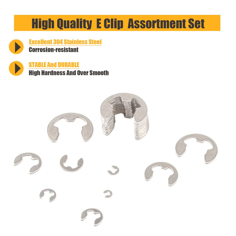 304 Stainless Steel E Clip Assortment Kit E-Clip External Retaining Ring Assortment Set (M1.5-M10,120 PCS) 120PCS