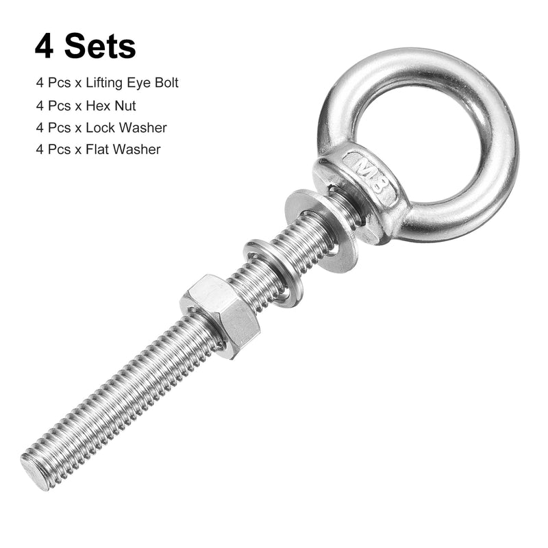 uxcell Lifting Eye Bolt, 4 Sets M8 x 60mm Eye Bolt with Nut Washer 304 Stainless Steel Shoulder Lifting Ring Eye Bolt for Hanging Item