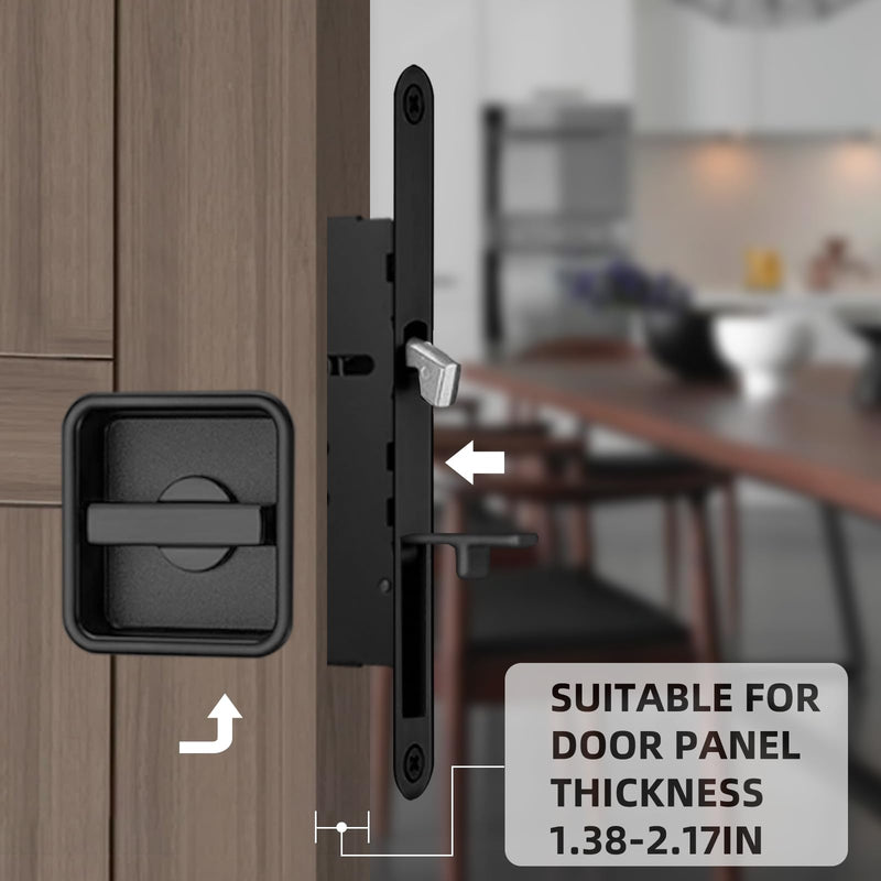 Pocket Door Lock Hardware Set - Privacy Handle with Hidden Pull & Recessed Latch, Fit for 1.77" to 2" The Thickof Wooden Doors (Black, Square) Black