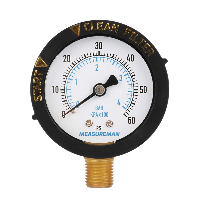 MEASUREMAN 2" Start and Clean Filter Pressure Gauge, Swimming Pool Filter Pressure Gauge, Spa, Aquarium, Water Pressure Gauge, 1/4" NPT Lower Mount 0-60Psi/bar Lower 60psi/bar Start and Clean