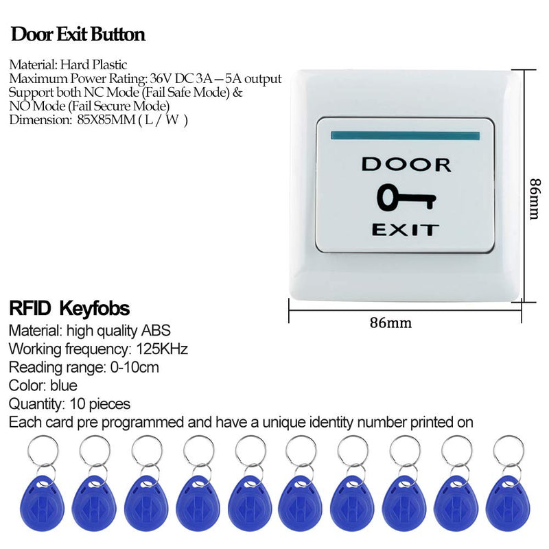 HFeng Door Access Control System Kit 125KHz RFID Keypad Metal Case + DC12V 3A Power Supply Controller + Door Exit Button + 10pcs Keyfobs (Without Lock)