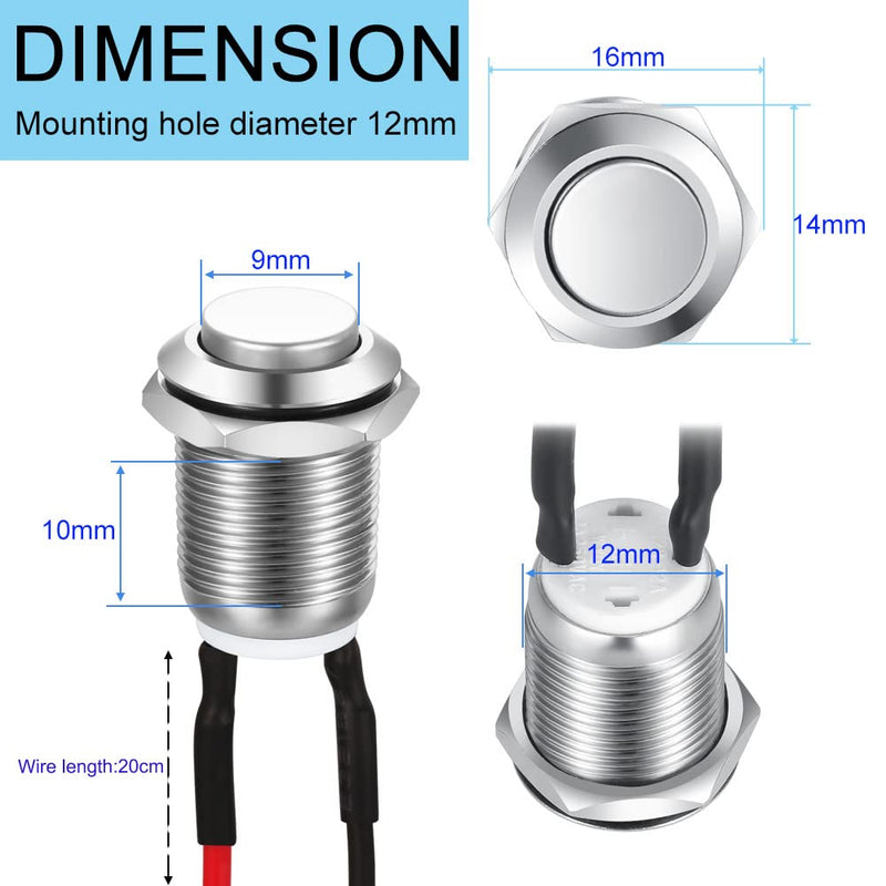 5pcs 12mm 2A 12V/24V/125V/250V AC Prewired Waterproof Push Button Momentary Stainless Steel Push Button On Off (High Head) SS-Momentary(High head)